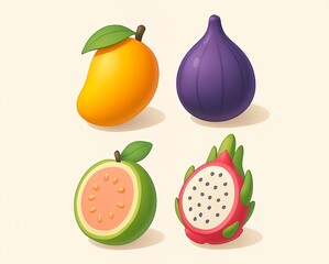 Tropical Fruit Cartoon Illustration Set – Mango, Fig, Guava, Dragon Fruit