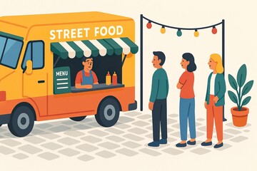 Flat Style Food Truck Illustration with People Waiting in Line