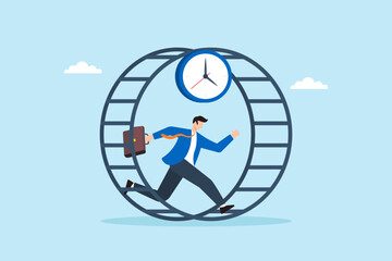 Flat illustration of overwhelmed businessman running inside hamster wheel with clock under pressure of endless work deadline