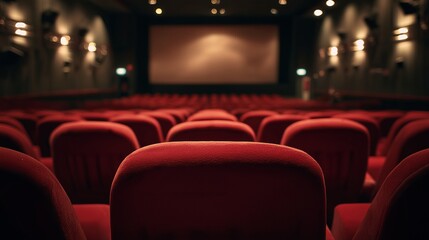 Rows of red velvet seats face a large screen in a darkened movie theater auditorium