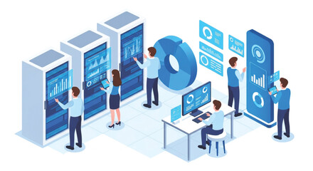 Data Center Visualization Concept High-Tech Monitoring Network Server Data Processing Specialists Analyzing Data Analytics Data Management and Database