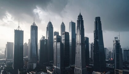 Dramatic Skyline of Modern City Skyscrapers Under Ominous Storm Clouds
