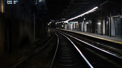 Naklejka premium Night Train Tracks at Empty Station.