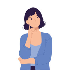 Young woman thinking, hand on chin – modern flat illustration of decision making