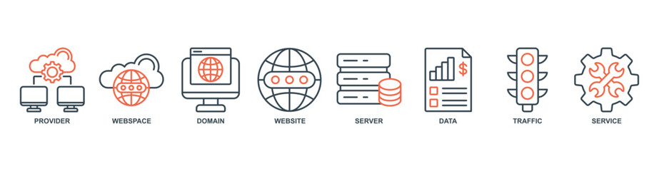 Web Hosting banner web icon set vector illustration concept with icon of provider, webspace, domain, website, server, data, traffic, service