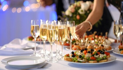 Elegant party with champagne and appetizers on a white tablecloth