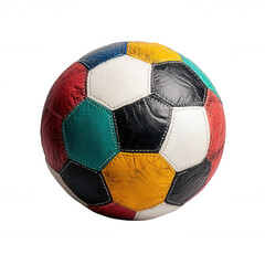 Fototapeta premium Colorful soccer ball with patchwork design featuring red, blue, yellow, green, black, and white panels, showcasing vibrant and playful appearance