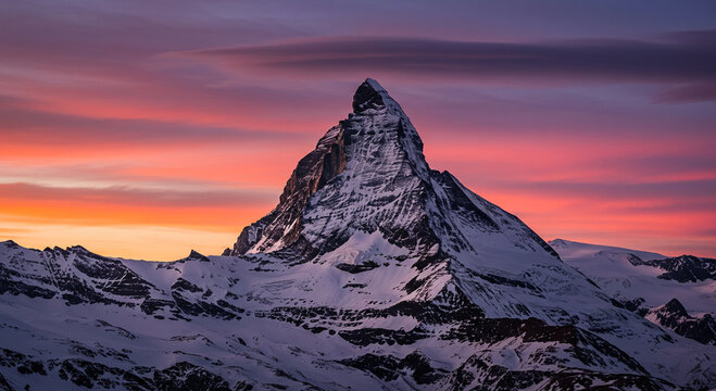 Stunning landscape of the Matterhorn mountain in the swiss alps with sunset colors - Powered by Adobe