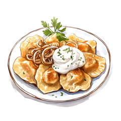 A cozy watercolor painting of a plate of golden pan-fried pierogi with caramelized onions, sour cream, and a sprig of parsley.