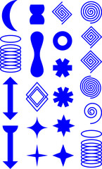 A collection of blue abstract geometric shapes on a transparent background, featuring spirals, stars, arrows, and symbols for use in contemporary design and digital artwork