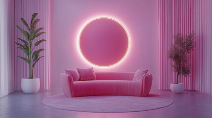 cozy pink living room featuring stylish sofa and vibrant wall decor, creating warm atmosphere