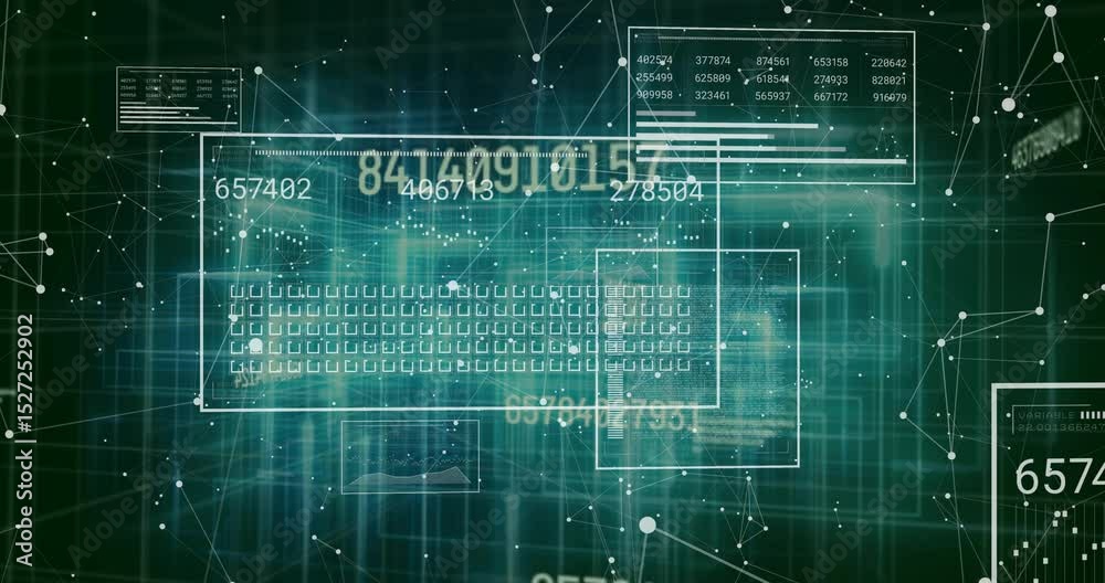 Poster faint white frames appearing triggers data panels sliding and updating digits showing network flow