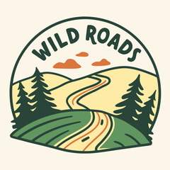 Obraz premium Wild Roads Landscape Illustration with Trees Hills and Clouds in a Circle