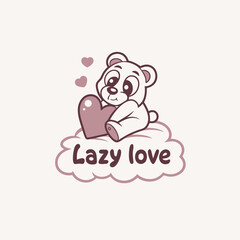 Fototapeta premium Cute Cartoon Bear with Heart on Cloud with Lazy Love Text