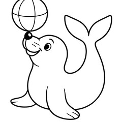 Animal Coloring book, Playful Seal Balancing a Ball on Its Nose in a Simple Line Art Design Ideal for Children’s Illustrations and Educational Materials