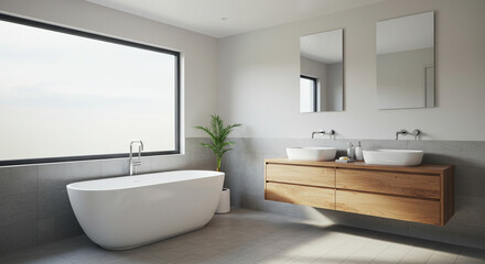 Modern bathroom interior design with a freestanding bathtub and wooden vanity