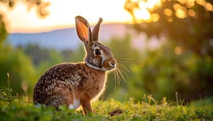 Obraz premium Brown Rabbit in Golden Sunset Light