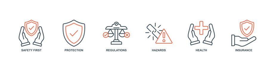 Work Safety banner web icon set vector illustration concept with icon of safety first, protection, regulations, hazards, health, insurance