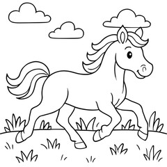 Obraz premium Animal Coloring book, Galloping Horse Outline for Coloring Activity in Simple Style, Includes Clouds and Grass Under Clear Sky