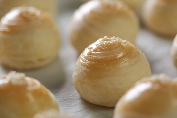 Toasted Mung Bean Cake from the oven. Chinese pastry or moon cake filled with sweet mung bean paste and salted egg yolk. Delicious pastry.