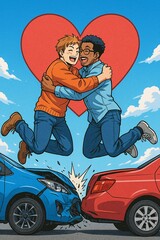 Joyful Gay Couple Embracing Above a Car Crash, with a Heart in the Sky