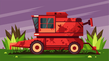 Obraz premium A decaying combine harvester sits rusting in the field its once vibrant red paint now faded and chipped representing the decline of modern farming technology.. Vector illustration