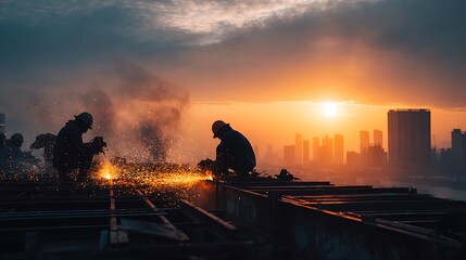 Sunset Over Construction Workers Sparking Imagination in Urban Skyline with Golden Glow of Evening Light