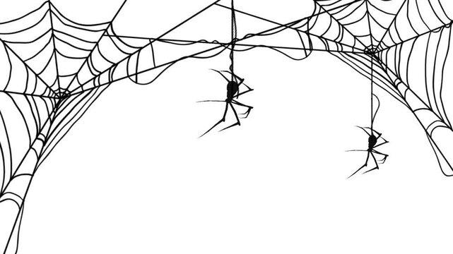 Animated halloween spider web, the spider goes down and goes up hanging on and walking across its own wire on white background