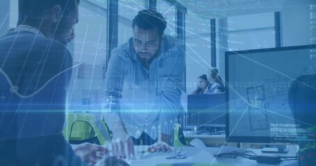 Technical lead entering shot and examining blueprint while generating finance charts for analysis - Powered by Adobe