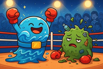 Clean Water Character Victorious Over Pollution in a Boxing Match