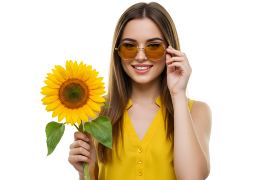 Stylish young woman holding bright yellow sunflower - Powered by Adobe