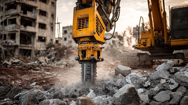 Heavy Machinery Working on Demolition Site with Dust and Debris in Urban Area