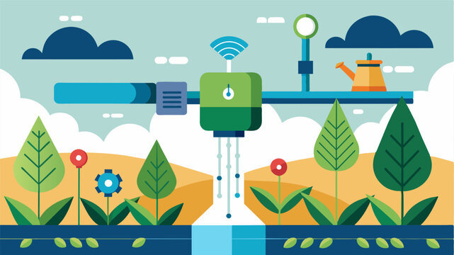 An automated water irrigation system that uses AI technology to determine the exact amount of water each plant needs resulting in reduced water waste and increased crop yield.. Vector illustration
