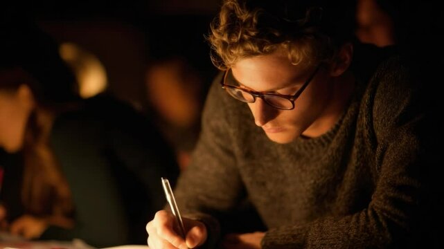 Focused Mind in Deep Thought: A studious individual diligently focuses on his work under dim lighting, embodying deep thought and intense concentration.