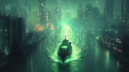 A cyberpunk boat sailing on a river that glows with green bioluminescence