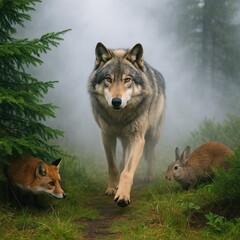 Majestic Wolf, Fox, and Rabbit in a Mystical, Foggy Forest