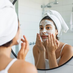 woman applying facial mask on her face