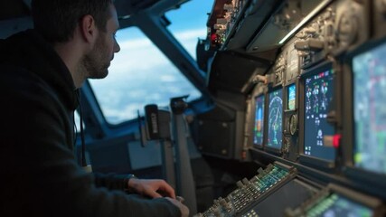 Pilot in Cockpit: A skilled pilot navigates the complex controls of an aircraft cockpit, expertly maneuvering the simulated flight instruments, with intense concentration and precision. 