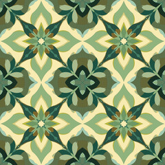 A greenish-toned geometric flower pattern with camouflage pattern, a creamy base pattern vector used for wallpaper.