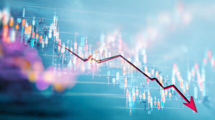 Naklejka premium Close-up of financial chart with downward trending line symbolizing Federal Reserve rate cuts, economic recession concept, stock market volatility and investment risk analysis. 