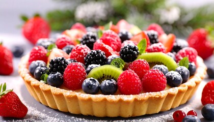 Colorful Fruit Tart with Berries and Powdered Sugar