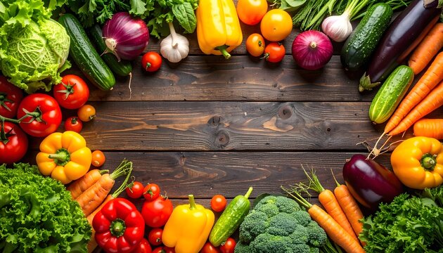 Fresh organic vegetables on a rustic wooden table top view