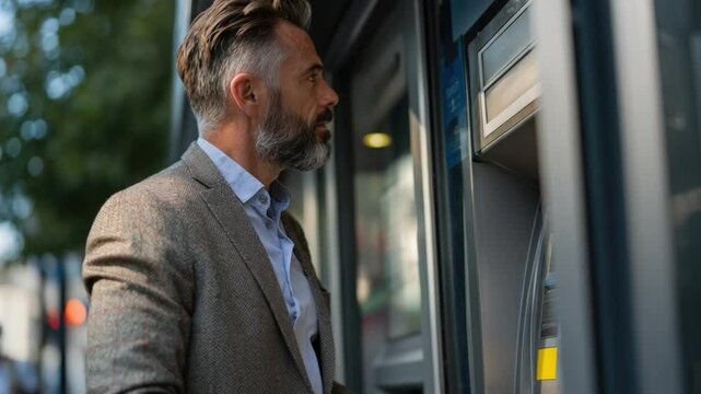 Man at the ATM: A well-dressed man stands attentively, using an ATM to access financial services, illustrating modern banking convenience and financial management.