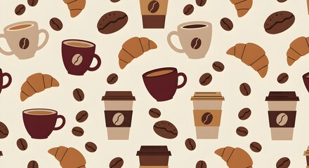 Obraz premium Coffee and Croissant Seamless Pattern Delightful Breakfast Illustration