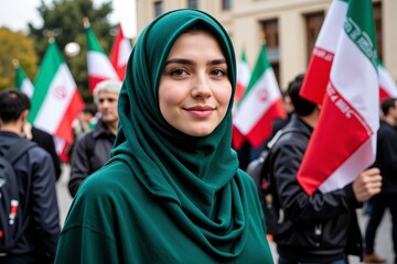 Young Iranian Woman in Green Hijab at Peaceful Demonstration Holding Iranian Flag in Background