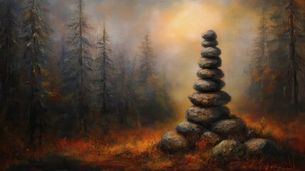 Obraz premium Serene Stacked Stones in Misty Forest at Dawn