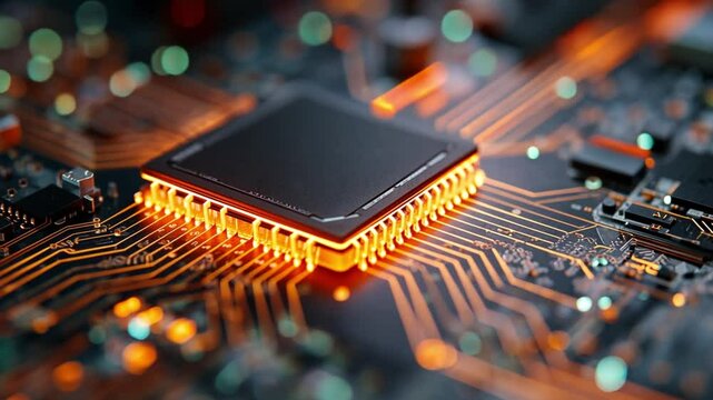 Technological Core: A macro shot of a luminous central processing unit (CPU) showcases the intricate circuitry and powerful core of modern technological advancement.