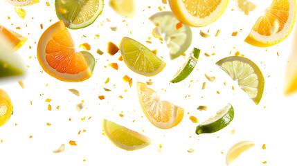 Mixed citrus fruits including lemon, lime, and grapefruit falling, isolated on white background