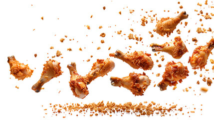 Fried chicken drumsticks falling with crispy texture and crumbs, isolated on white background