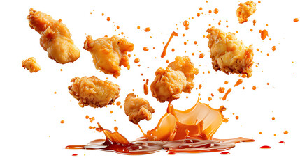 Fried chicken drumsticks falling with crispy texture and crumbs, isolated on white background



